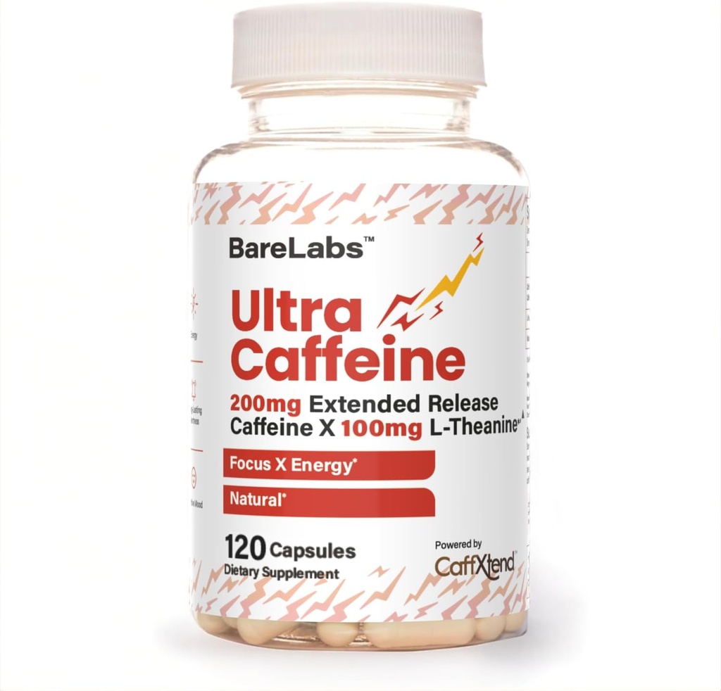 Extended Release Caffeine Pills + Caffeine L-Theanine + Focus & Energy Supplement + No Jitters, No Crash + Natural - 120 Capsules