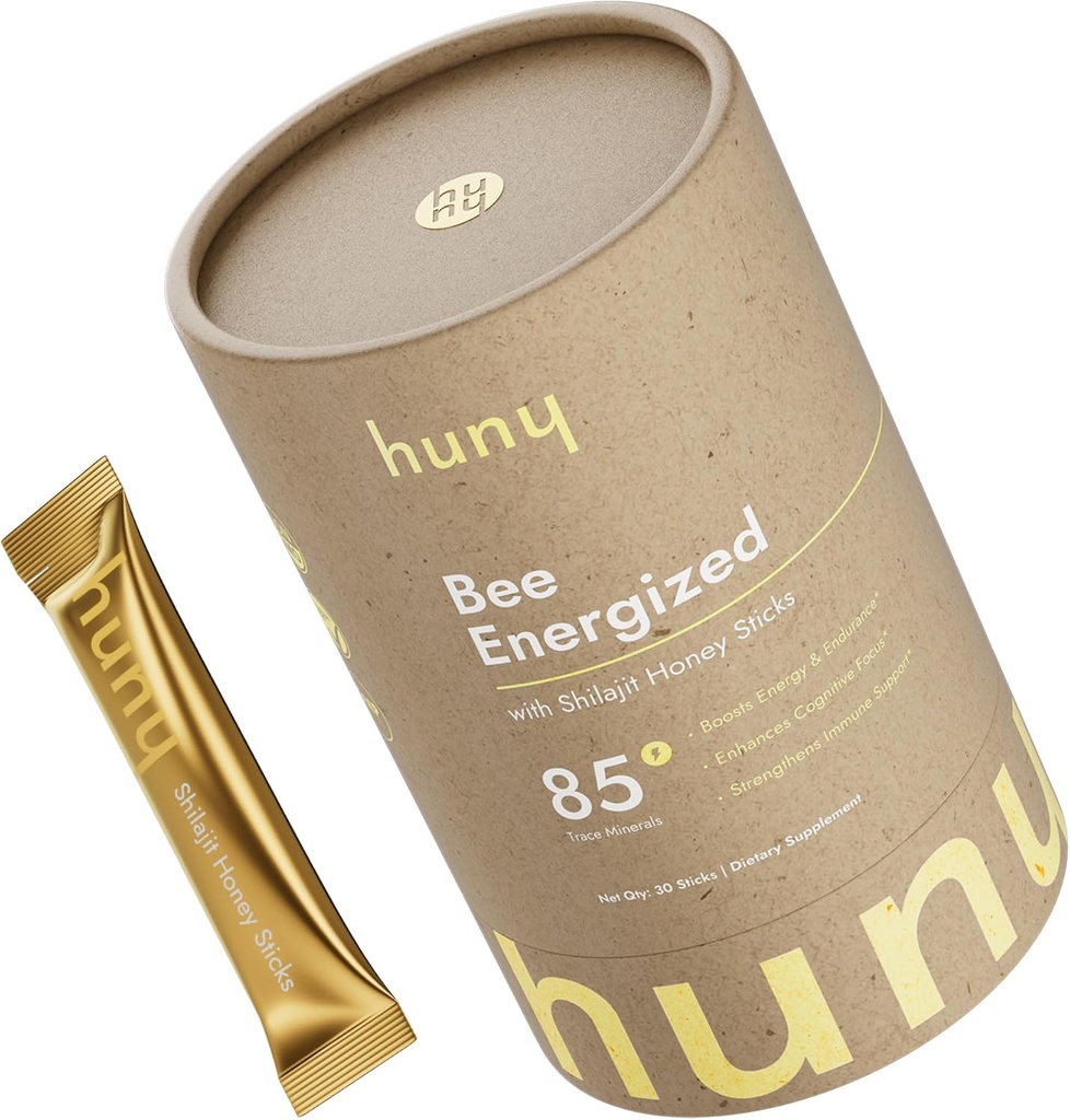 HUNY Bee Energized with Shilajit Honey Sticks | 85+ Trace Minerals for Clean Energy, Focus & Immune Support | Pure Himalayan Shilajit for Men & Women | 30 Count (Pack of 1)