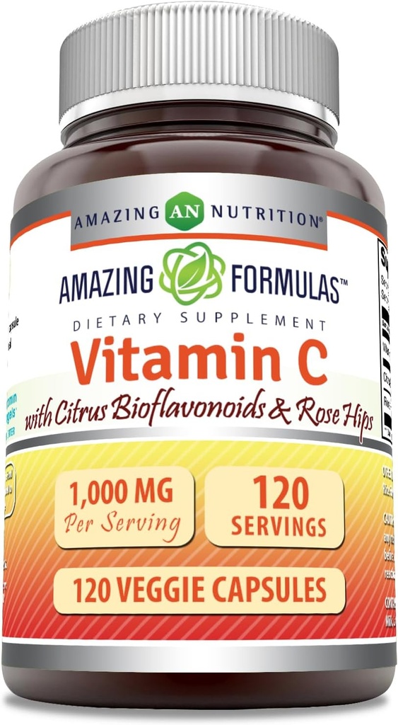Amazing Formulas Vitamin C (Ascorbic Acid) 1000 Mg with Rose HIPS & Citrus Bioflavonoids | Veggie Capsules Supplement | Non-GMO | Gluten Free | Made in USA (120 Count)