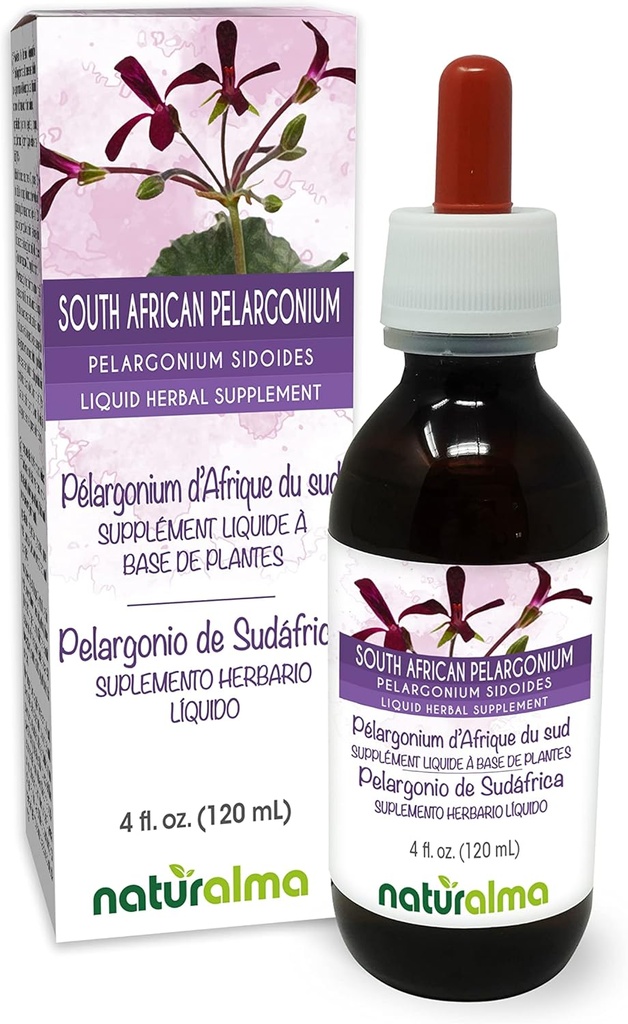 Naturalma South African Pelargonium or Umckaloaba (Pelargonium sidoides) Root Alcohol-Free Tincture - 4 fl oz Liquid Extract in Drops - Herbal Supplement - Vegan