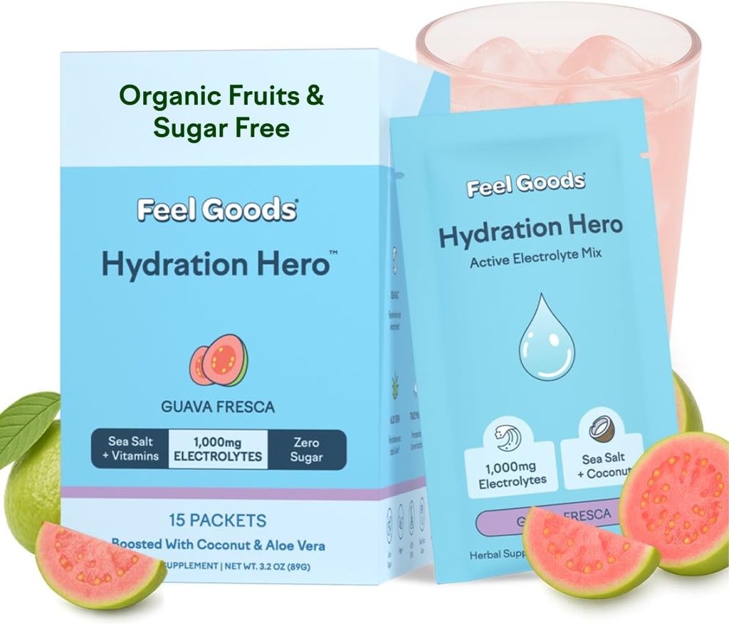 Feel Goods Hydration Hero, 1,000mg Electrolytes Powder, Sugar Free, Magnesium, Organic Coconut Water, L Theanine, Vitamin C & B12, Non GMO, Keto, Vegan, Electrolyte Packets | Guava Fresca, 15 Count
