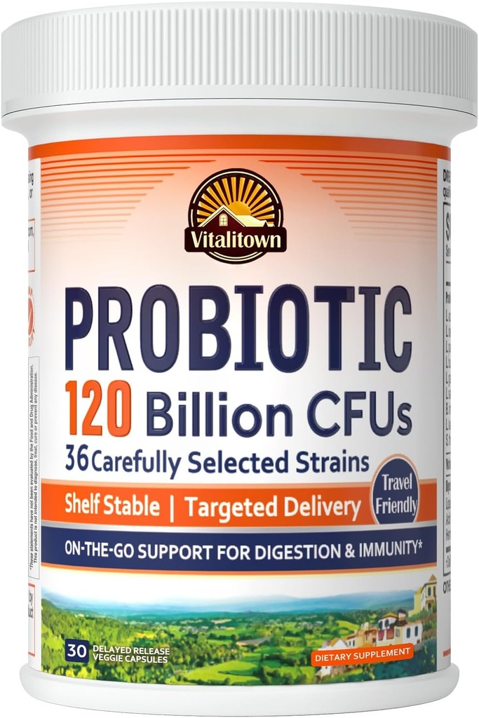 Vitalitown Probiotics 120 Billion CFUs, 36 Strains, Prebiotics, Digestive Enzymes for Men Women, Delayed Release, Shelf Stable, On The Go Digestive Support, 30 Veg Caps