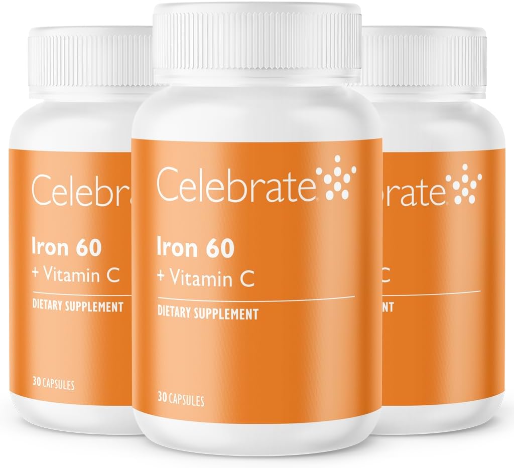 Celebrate Vitamins Iron Supplement with Vitamin C - 60mg Iron, 60mg Vitamin C, Bariatric Vitamins for WLS Patients, Vertical Sleeve & Gastric Bypass Surgery (90 Capsules)