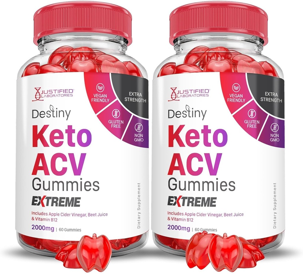 Justified Laboratories (2 Pack Destiny Keto ACV Gummies Extreme 2000MG Destiny Keto Gummies Advanced Formula Apple Cider Vinegar with Pomegranate Beet Juice Powder B12 Vegan Non GMO 120 Gummys