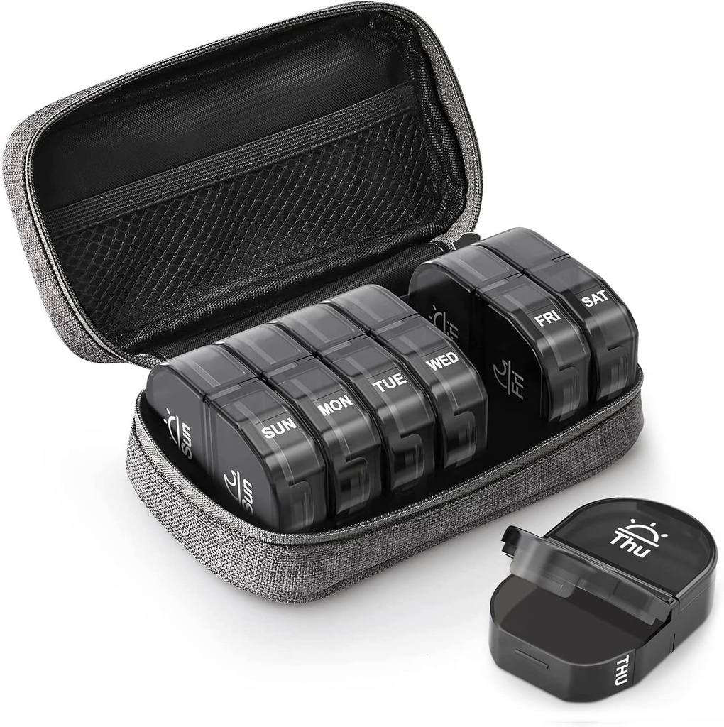 AUVON Canvas Bag Travel Pill Organizer 2 Times a Day, Large AM/PM Weekly Pill Box 7 Day Pill Case with Portable Gray Zipper Cloth Bag for Holding Supplements, Vitamins and Fish Oils