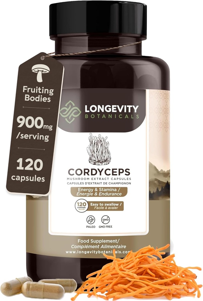 Organic Cordyceps Mushroom Capsules Supplement (120) | Pure Fruiting Body 10:1 High Strength Extract | 30% Beta-D Glucans | 9,000mg Raw Equivalent Per Serving | Energy, Stamina & Oxygen Support