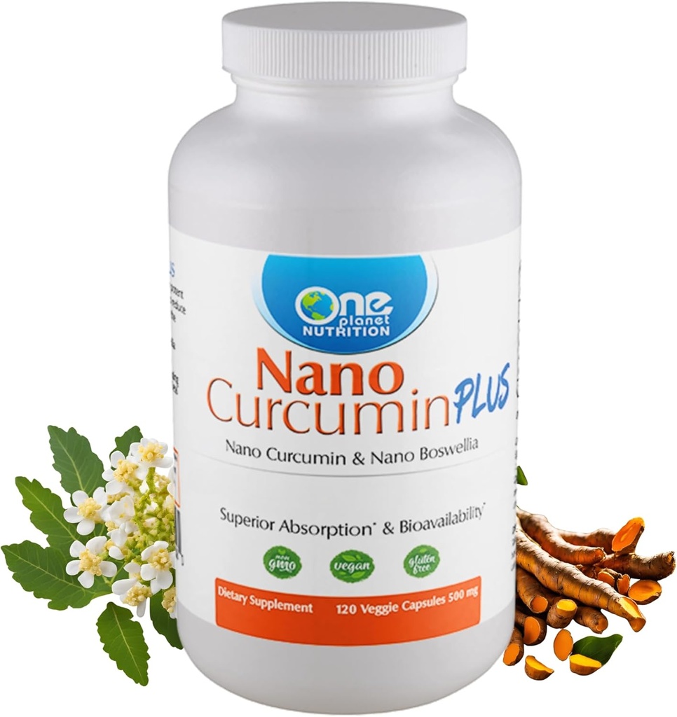 One Planet Nutrition Nano Curcumin Plus 500 mg Veggie Capsules (120 Servings), Nano Curcumin with Boswellia for High Absorption, Supports Joint & Immune Health, Non-GMO, Vegan, Gluten-Free