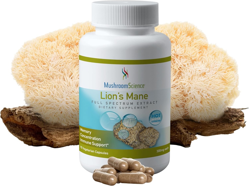 MushroomScience Lions Mane Mushroom Capsules, Memory & Concentration Support, Full Spectrum Extract, Mushroom Supplement for Adults, Hot Water Extracted Mushrooms, Vegetarian, 300MG, 90 ct