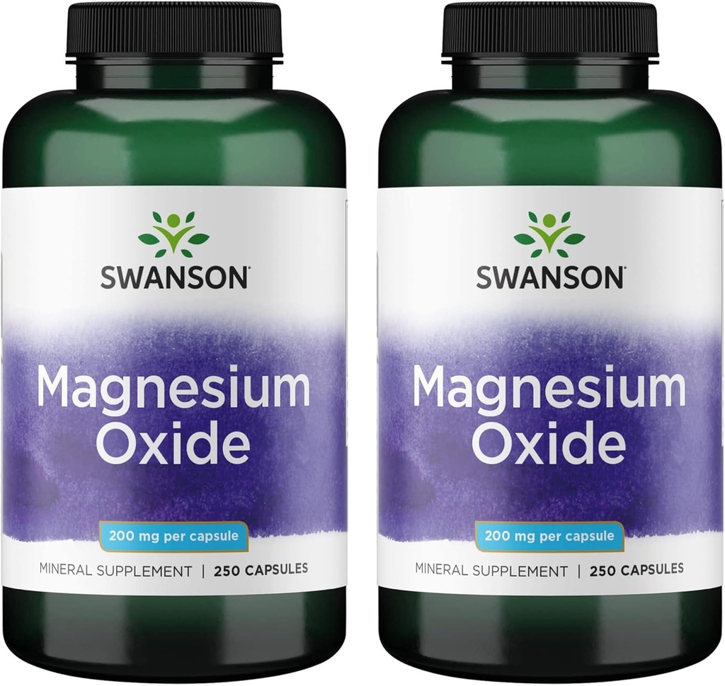 Swanson Magnesium - Mineral Supplement Promoting Muscle & Bone Health - Natural Support for Heart, Brain & Nervous System Health - (250 Capsules, 200mg Each) (2 Pack)