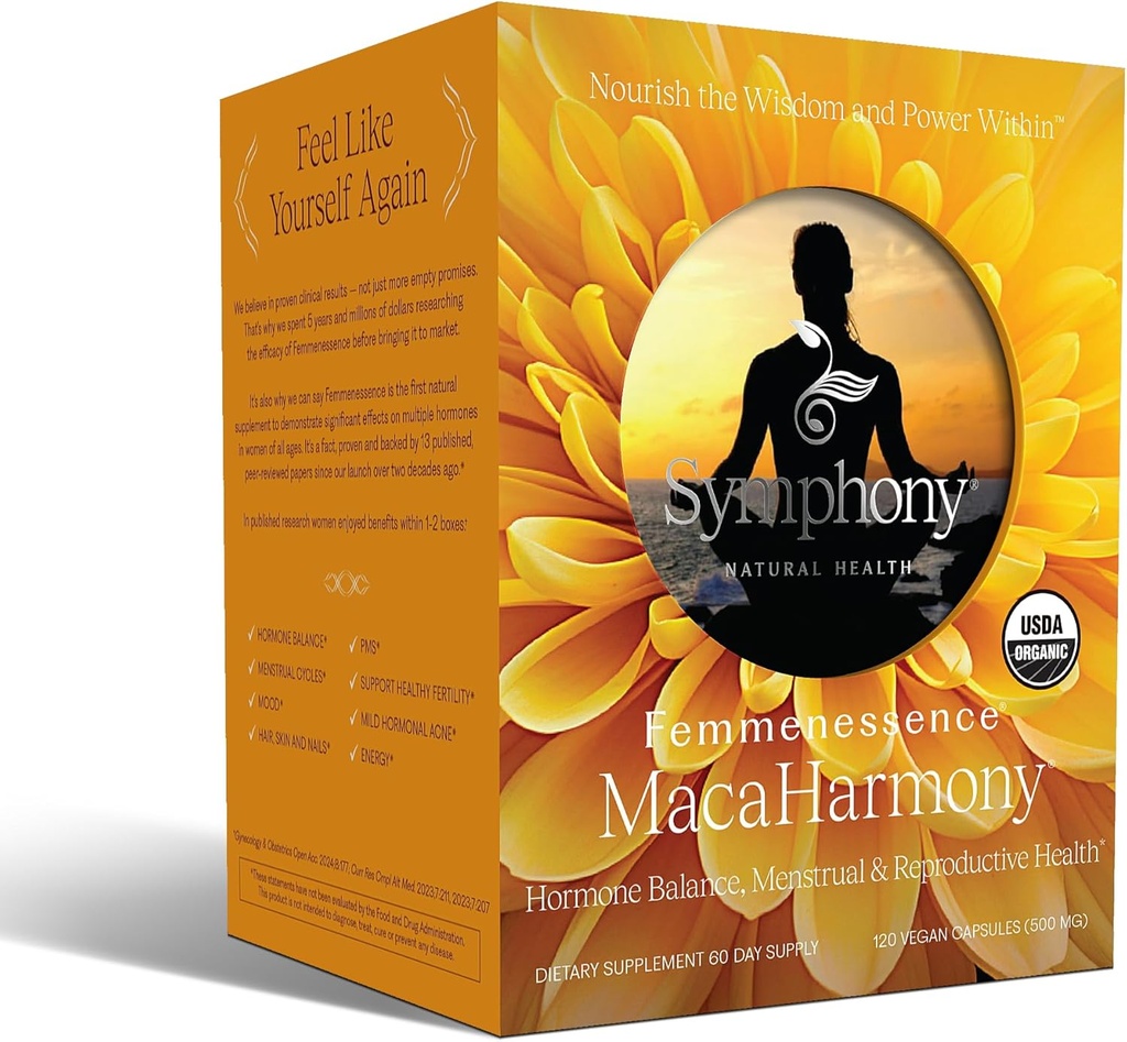 Femmenessence® MacaHarmony® – Scientifically Proven to Support Hormone Balance for Women, Regular Menstrual Cycle, PMS, Acne, Healthy Skin, Fertility, Natural Organic Maca Capsules (120)