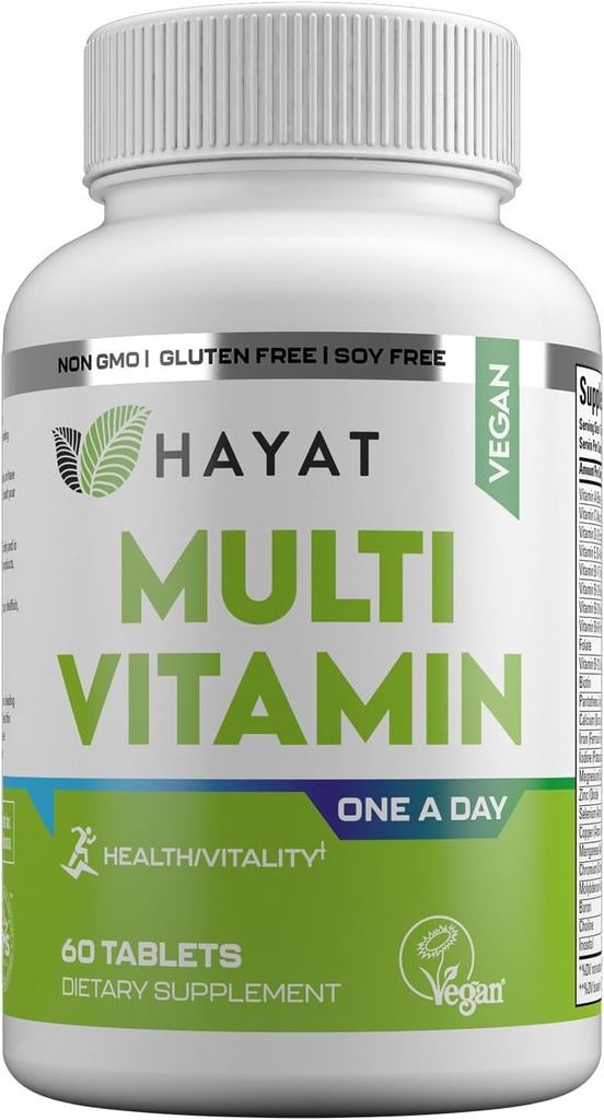 HAYAT Vitamins Vegan Natural Multivitamin, Daily Vitamins with Vitamin A, C, D, E, B1, B2, B3, B6, B12, Biotin, Zinc and More, 2 Month Supply, All Natural, Certified Halal, 60 Tablets, Made in The USA