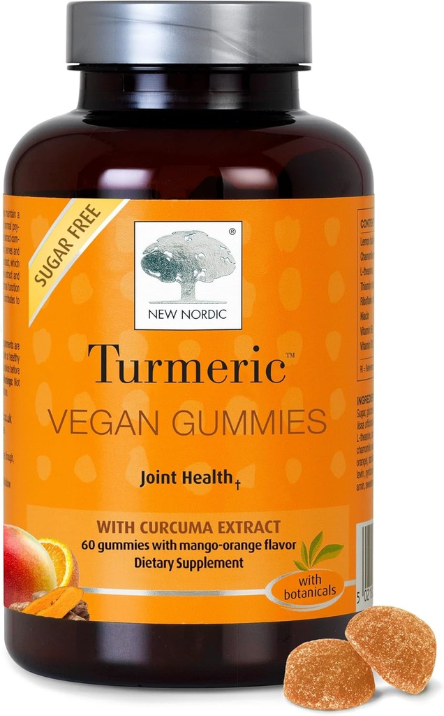 NEW NORDIC Turmeric Curcumin Gummies, Sugar Free, 300 mg Turmeric Supplement for Men and Women, Supports Normally Functioning Joints, Knees, Shoulders, Mango Orange, 60 Count