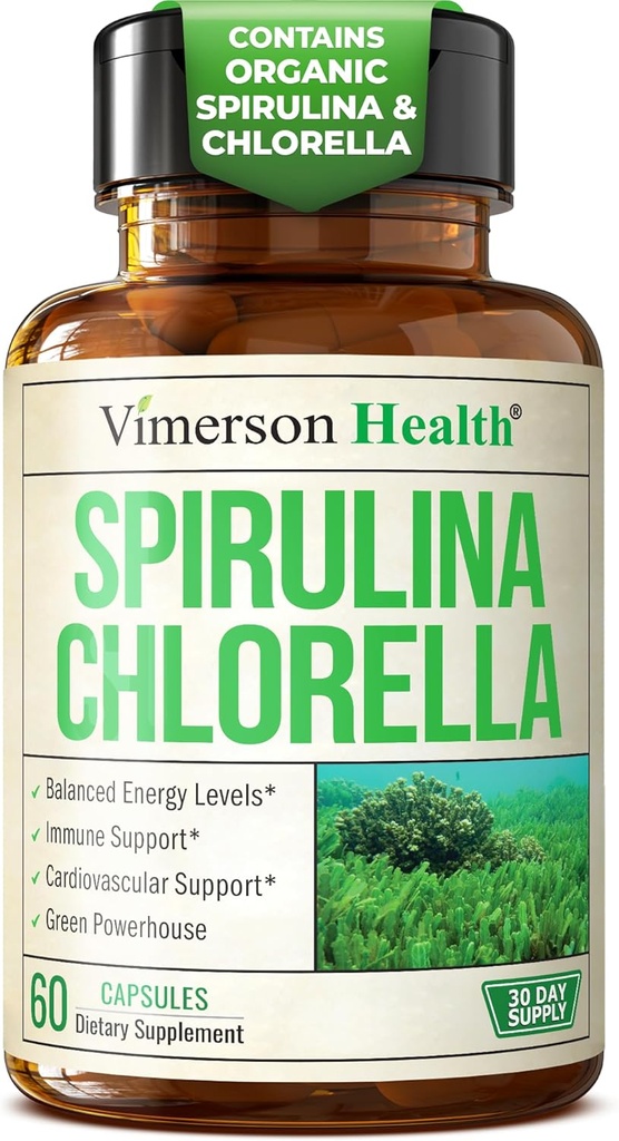 Organic Spirulina and Chlorella Capsules - Spirulina Capsules with Chlorella Powder for Immune, Antioxidant & Energy Support. Nutritious Super Green. Vegan & Non-GMO. Third Party Tested. 60 Caps