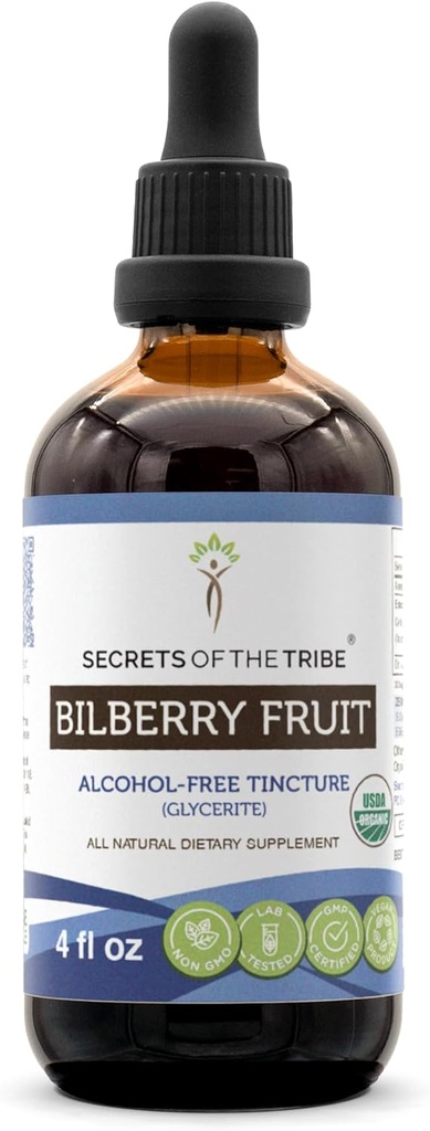 Secrets of the Tribe Bilberry Fruit Alcohol-Free Liquid Extract, USDA Organic Bilberry (Vaccinium Myrtillus) Dried Fruit Tincture Supplement (4 FL OZ)
