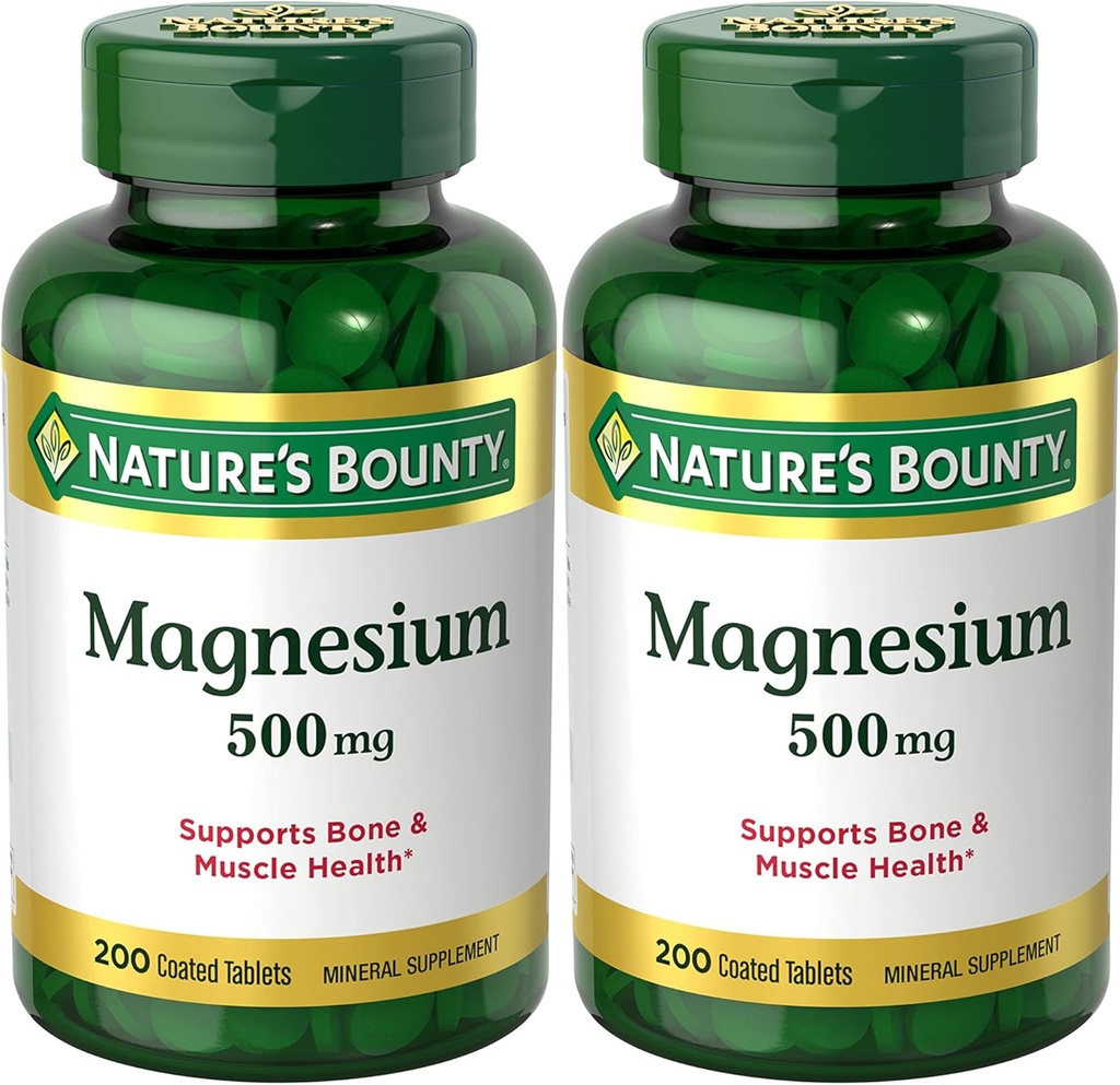 Nature's Bounty Magnesium Supplements 500mg Tablets, Support Bone & Muscle Health, 200 Count (Pack of 2)