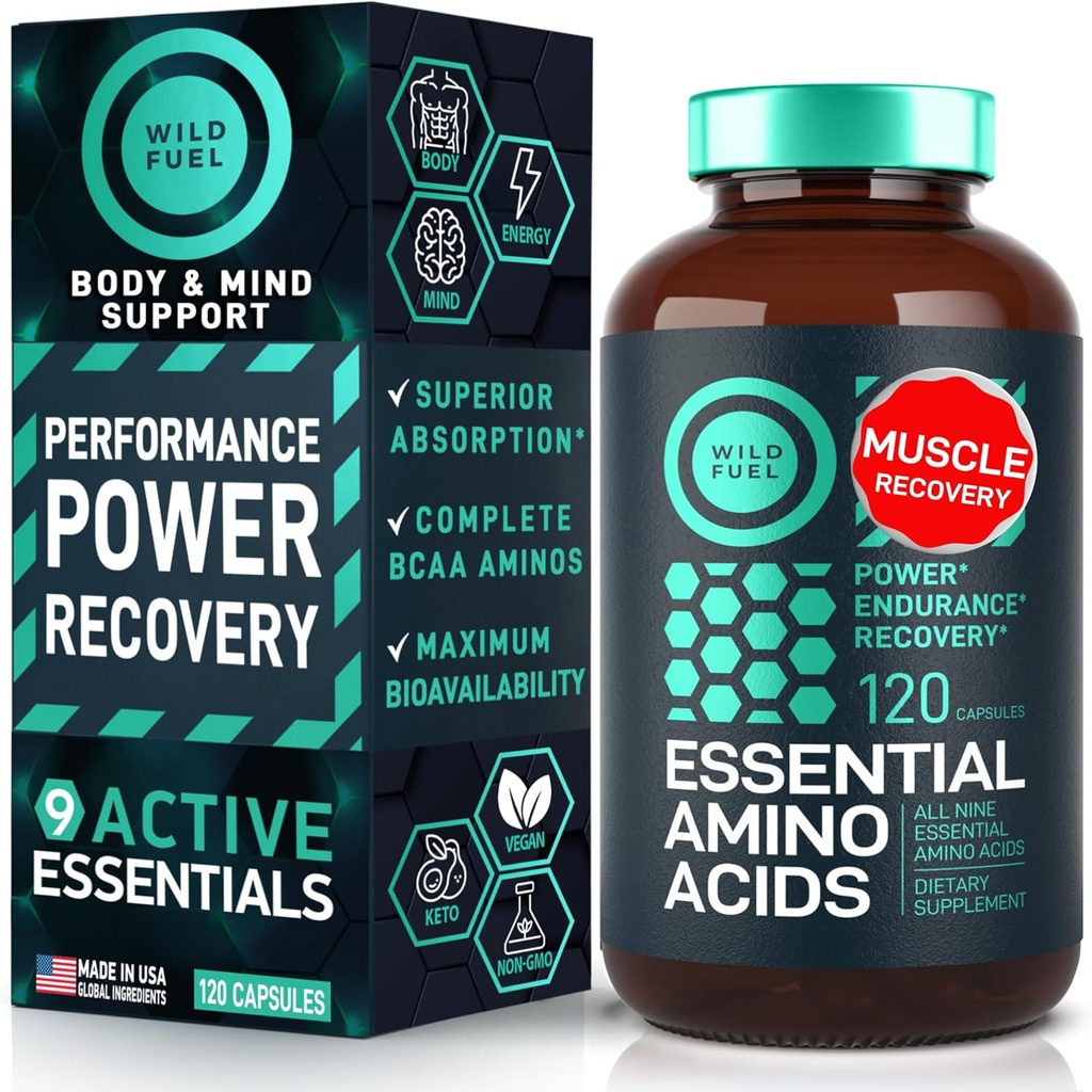 Essential Amino Acids Supplement - All 9 EAAs with BCAAs Amino Acids (Leucine, Lysine, Valine, Threonine) - 3,000mg Per Serving - Muscle Growth, Power, Recovery - 120 Vegan, Caffeine Free Capsules