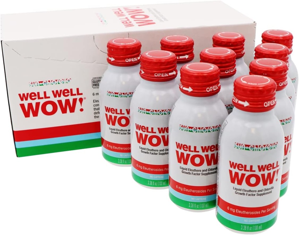 Sun Chlorella Well Well Wow! Natural Supplement Drinks Powerful Whole Body Boosting Stamina, Immune Health, Stress & Mood Support & Recovery - Adaptogen & Green Microalgae Superfood - 10 Bottles