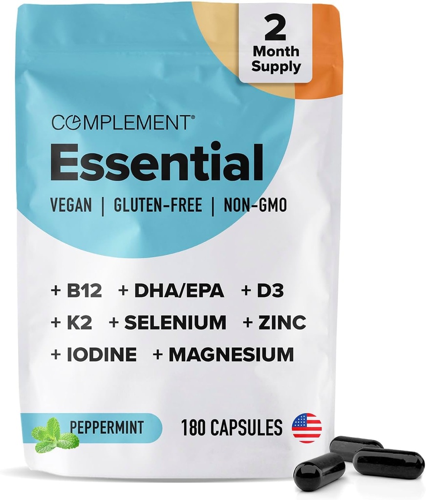 Complement Essential Vegan Multivitamin for Men & Women (60 Servings, 180 Capsules) with Omega-3 DHA & EPA, B12, Vitamin D3 & K2, Zinc, Selenium, Magnesium, Iodine - Supports Immunity & Overall Health