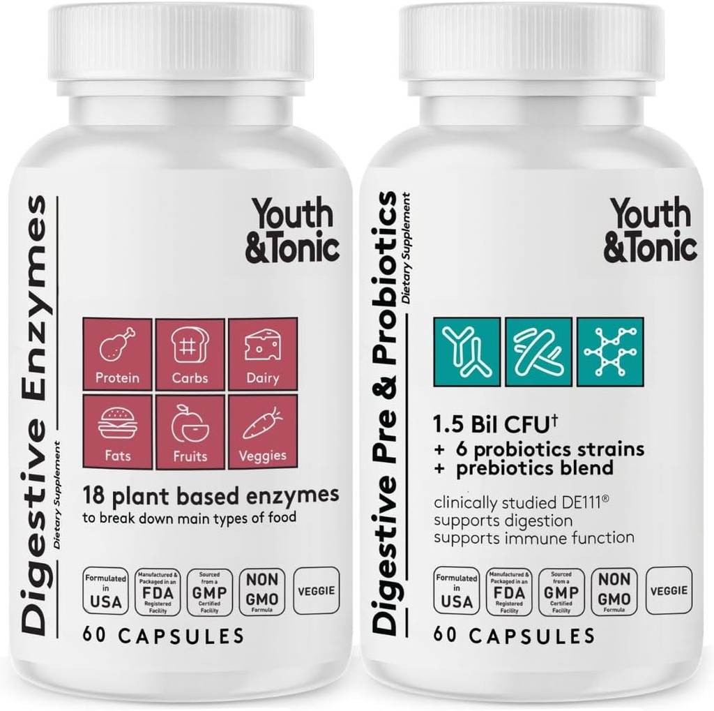Youth & Tonic Digestive Supplement for Bloating, Regularity & Gut Health. Full Spectrum Enzymes Probiotics & Prebiotics for Digestion to Break Down Food and to Use Daily, for Women & Men – 120 Pills