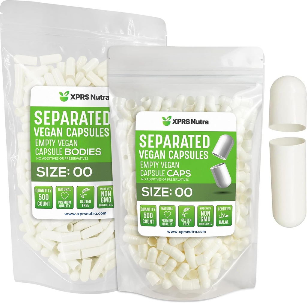 XPRS Nutra Vegan Size 00 Separated Capsules - 100 Count Premium Empty Capsules Separated in Bags - 00 Pills Empty for DIY Supplement Filling (White)