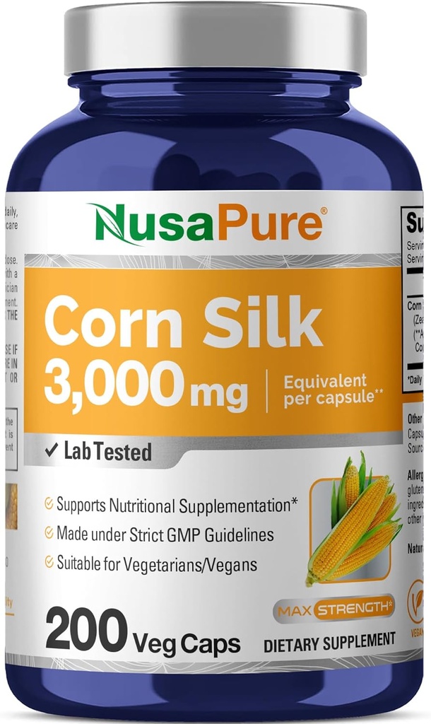 NusaPure Corn Silk Extract 3,000 mg per Caps - 200 Veggie Caps (100% Vegetarian, Non-GMO, Extract 20:1, Vegan)