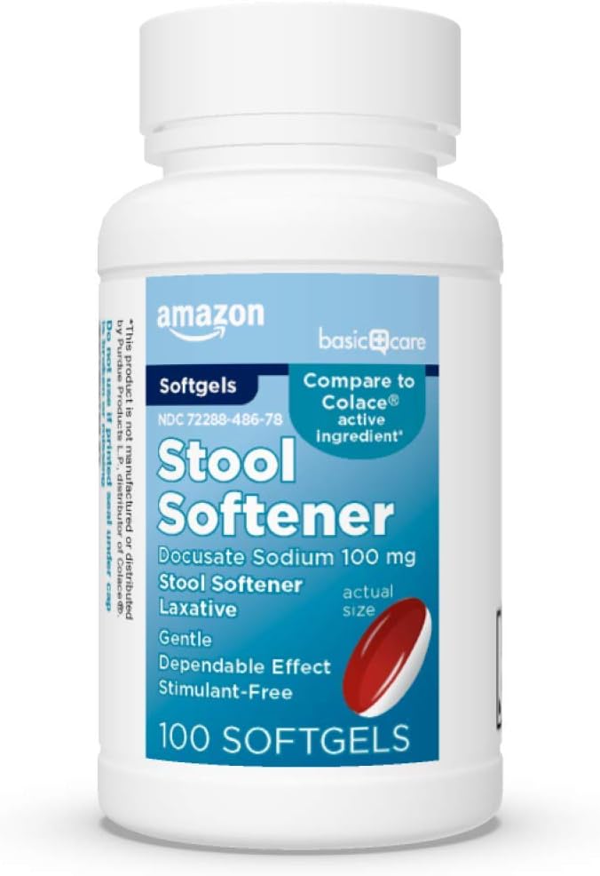 Amazon Basic Care Stool Softener Laxative, Docusate Sodium 100 mg, Softgels, For Constipation Relief, 100 Count