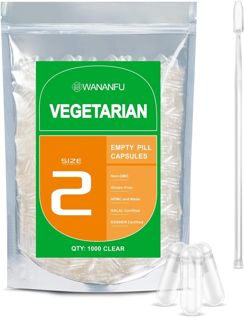 wananfu Size 2 Empty Capsules Vegetarian (500 Count) Bundle with 2 Micro Lab Spoons, Clear Fillable Veggie Pill Capsules Size 2 for Making Your Own Supplements