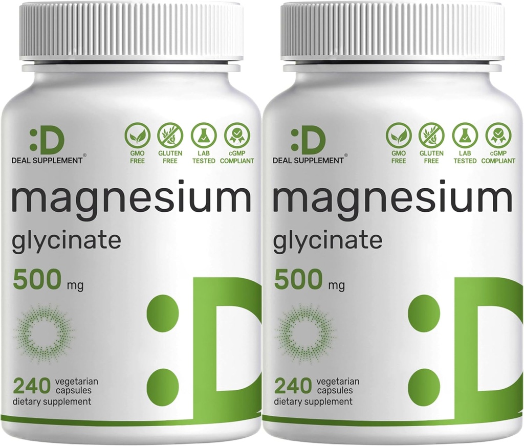 2 Pack Magnesium Glycinate 500mg, 480 Veggie Capsules | 100% Chelated for Easy Absorption | Essential Mineral Supplement for Muscle, Sleep, & Heart Health