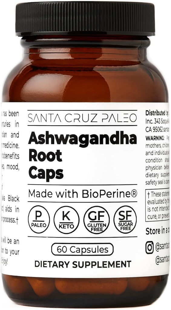 Santa Cruz Paleo Ashwagandha Capsules, 600mg Ashwagandha Root per Capsule, Gluten Free, Keto, Sugar Free, Paleo, Supports Energy, Focus, and Relaxation, BioPerine for Fast Absorption, 60 Capsules