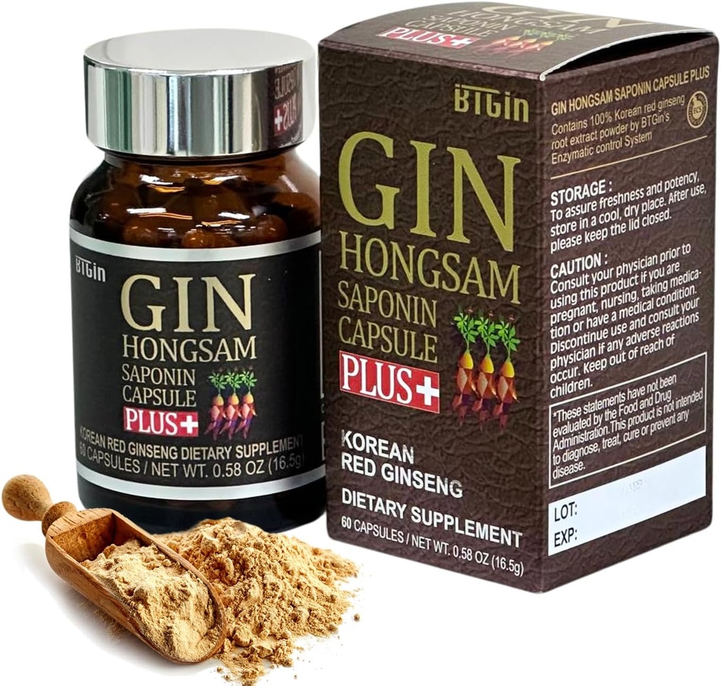 Korean Red Ginseng [Gin HONGSAM] 60 Capsules - Premium Anti Aging Supplements - Boost Energy | Immune | Memory for Women and Men 100% Red Ginseng