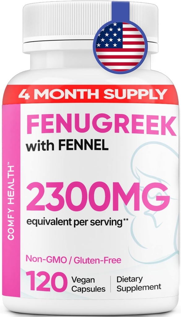 Breastfeeding Fenugreek Capsules With Fennel For Lactation, 2300mg Per Capsule, 120 Count, Fenugreek Pills Non-GMO, Gluten Free Fenugreek Seeds Extract Supplements, Fenogreco Capsulas