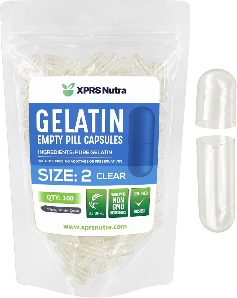 XPRS Nutra Size 2 Empty Capsules - 100 Count Clear Empty Gelatin Capsules - Pills DIY Capsule Filling - Pure Bovine Pill Gel Caps for Do-It-Yourself Supplements
