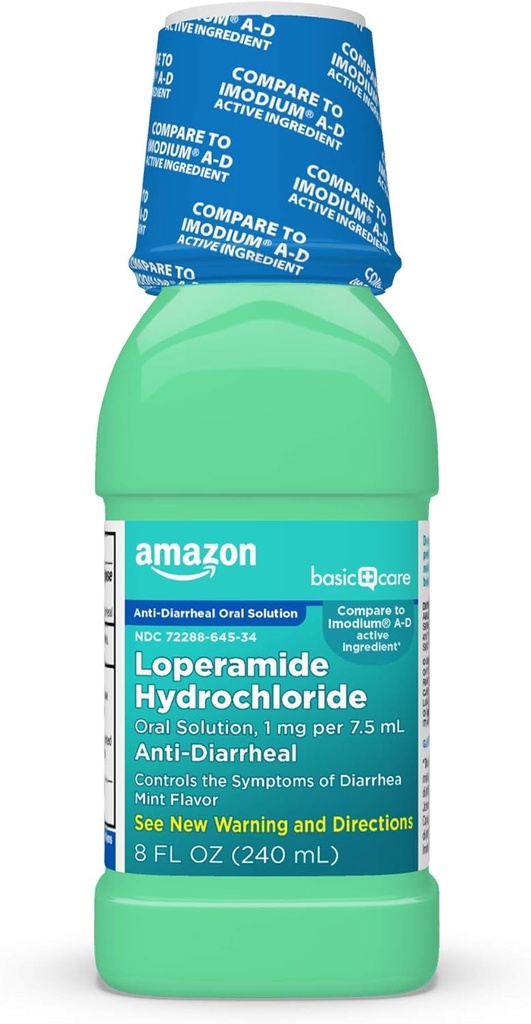 Amazon Basic Care Loperamide Hydrochloride Oral Solution, 1 mg per 7.5 ml, Anti-Diarrheal Medicine, Anti-Diarrhea Medicine For Kids and Adults 12 Years and Over, Mint, 8 fl oz (Pack of 1)