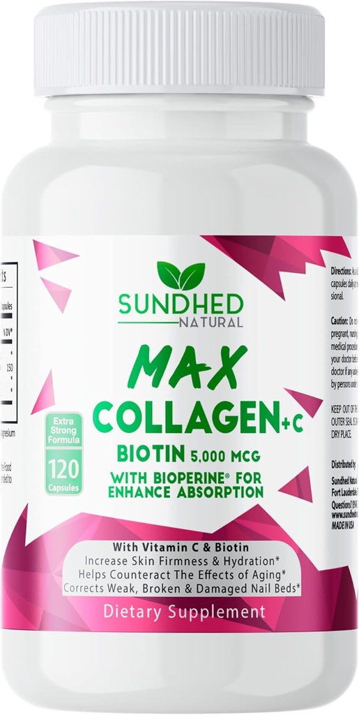 Sundhed Max Collagen Plus C - All Natural Collagen with Biotin & Bioperine to Boost Anti Aging Hydration & Skin Firmness - Strengthen Bones & Nails (Capsules 2-Month) (120 Count)