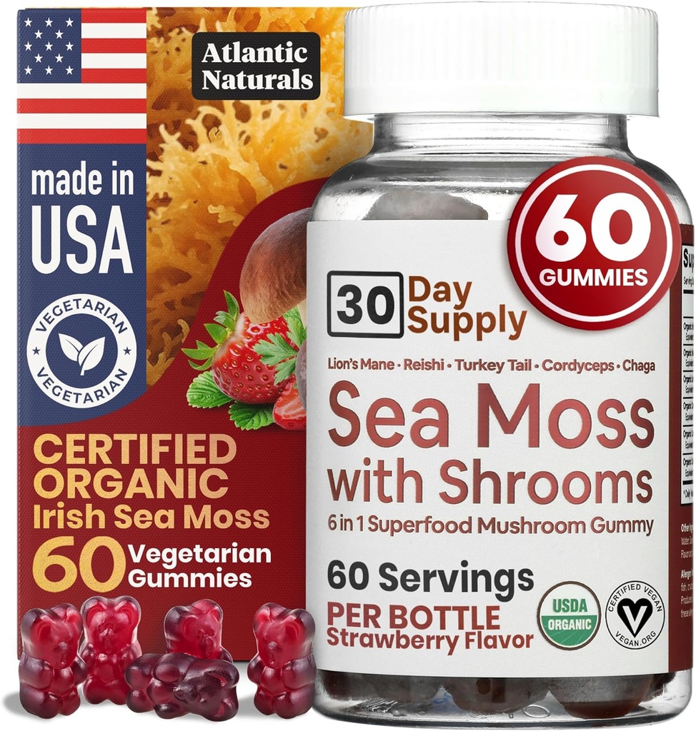 Sea Moss Gummies with Lions Mane Mushroom - Sea Moss Gel Alternative with Irish Moss, Reishi, Cordyceps, Chaga & Turkey Tail Supplement - Focus Gummy Without Coffee- 60 ct