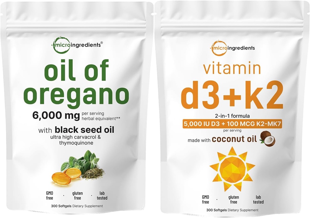 Micro Ingredients Oil of Oregano Softgels 6,000mg Per Serving & Vitamin D3 5000 IU Plus K2 (MK-7) 100 mcg, 300 Virgin Coconut Oil Softgels Bundle Pack | 4X Strength Carvacrol & Thymoquinon | Essential