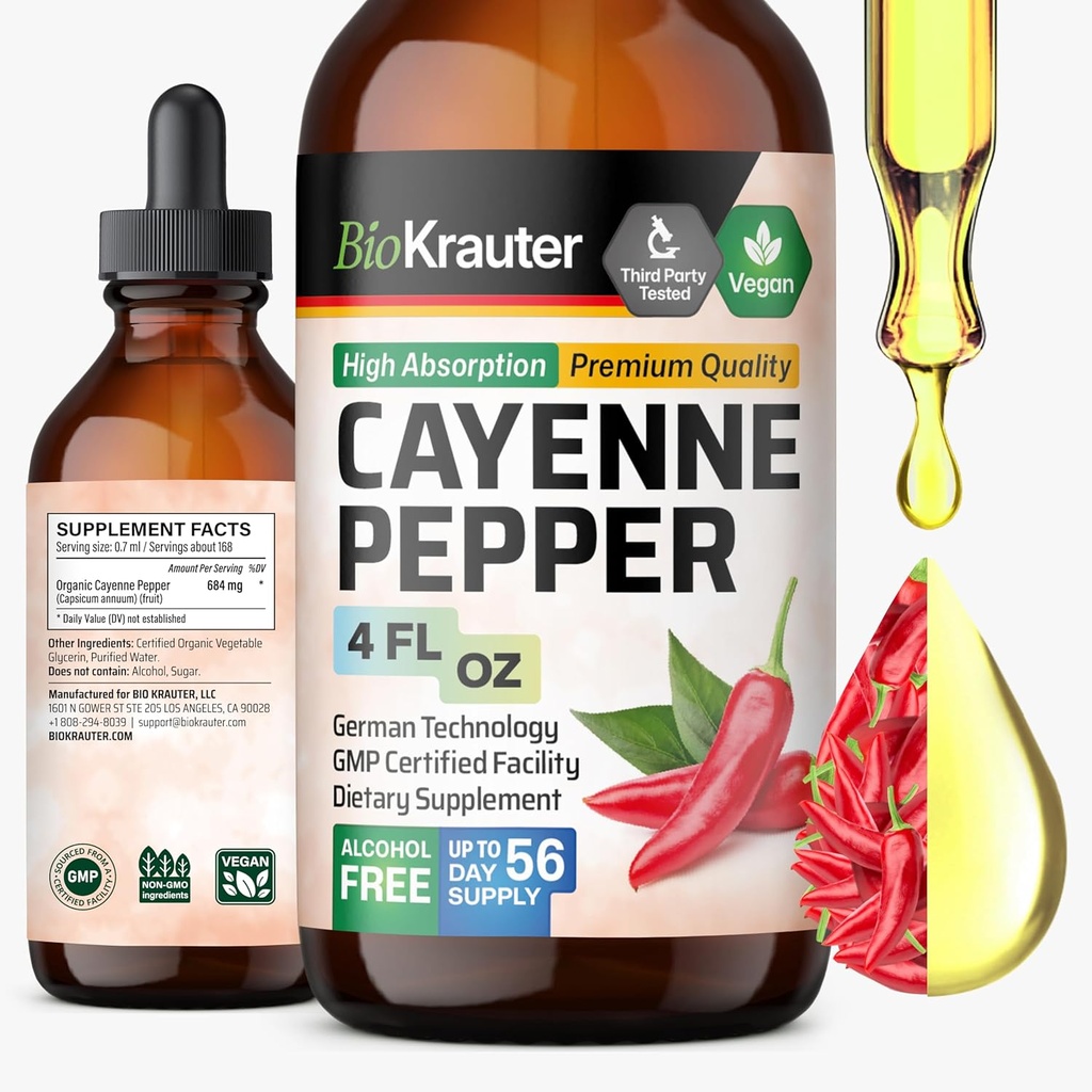 BIO KRAUTER Cayenne Pepper Extract Liquid - Pure Capsaicin Extract - Liquid Cayenne Pepper Drops for Digestive Support - Sugar & Alcohol Free 4 Fl.Oz.
