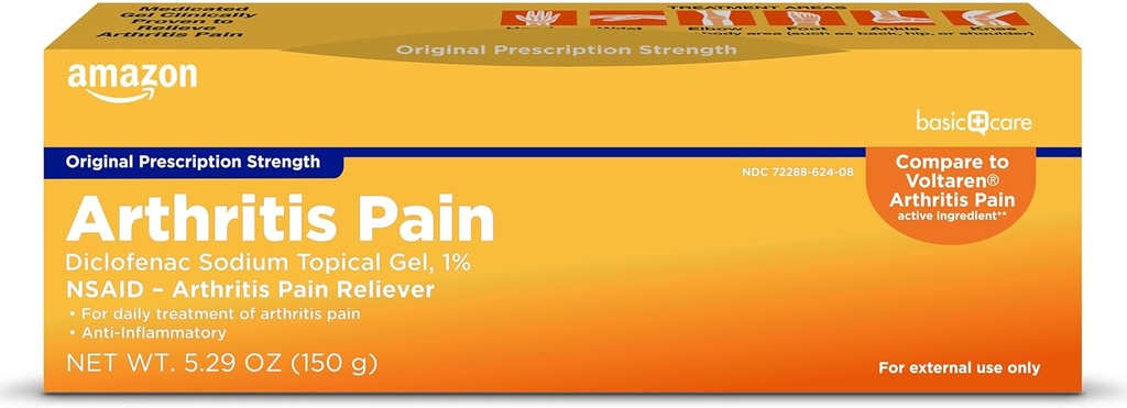 Amazon Basic Care Arthritis Pain Relieving Gel, Diclofenac Sodium Topical Gel, 1% (NSAID), 5.29 Oz (150 Grams) (Packaging may vary)