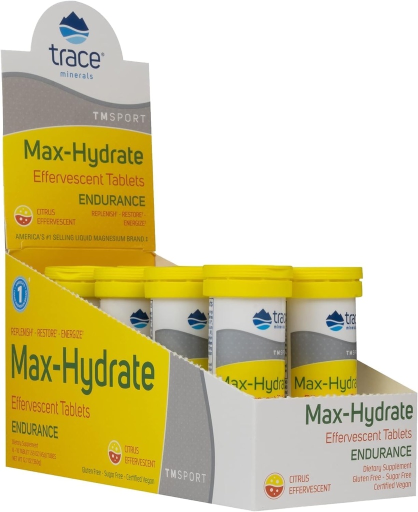 Trace Minerals Max-Hydrate Endurance - Daily Energy Support Supplement - Electrolyte Supplement to Aid Against Muscle Cramps - Supplement to Support Hydration - Citrus, 10 Tabs (80 Servings)