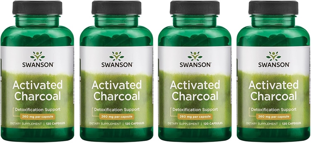 Swanson Activated Charcoal - Natural Supplement Supporting Healthy Absorption - Helps w/Bloating & Maintaining Bowel Regularity - (120 Capsules, 520mg per Serving) 4 Pack