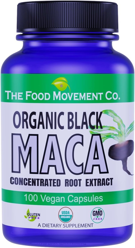 THE FOOD MOVEMENT CO. Black Maca 500mg 60 Capsules - Organic, Non-GMO, Vegan, Gluten Free- Black Maca Root Supplement for Whole Body Wellness