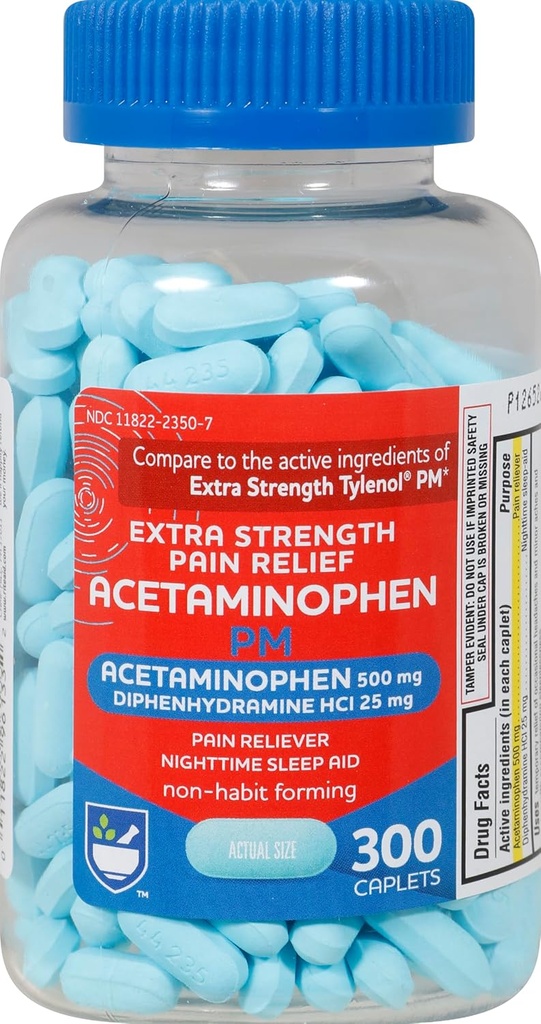 Rite Aid Extra Strength Pain Relief Acetaminophen PM Caplets, 500mg Acetaminophen / 25mg Diphenhydramine - 300 Count - Nighttime Pain Reliever + Sleep Aid