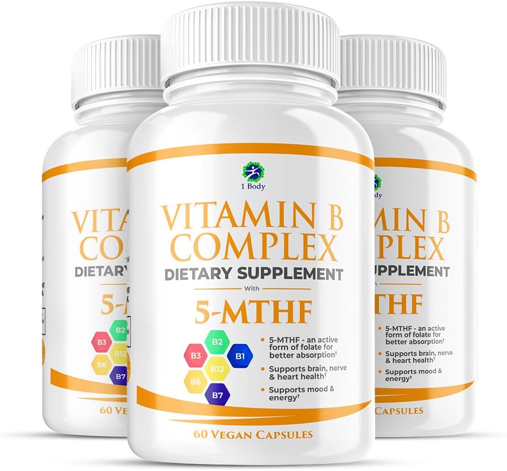 1 Body Vitamin B Complex 3 Pack – Bioavailable B Vitamins with 5-MTHF Folate, B1, B2, B5, B6, Methyl B12, Niacin & Biotin – Non-GMO, Vegan, Made in USA