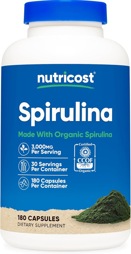 Nutricost Spirulina 3,000mg, 180 Capsules for 30 Servings - CCOF Certified Made with Organic Spirulina, Gluten Free, Vegetarian
