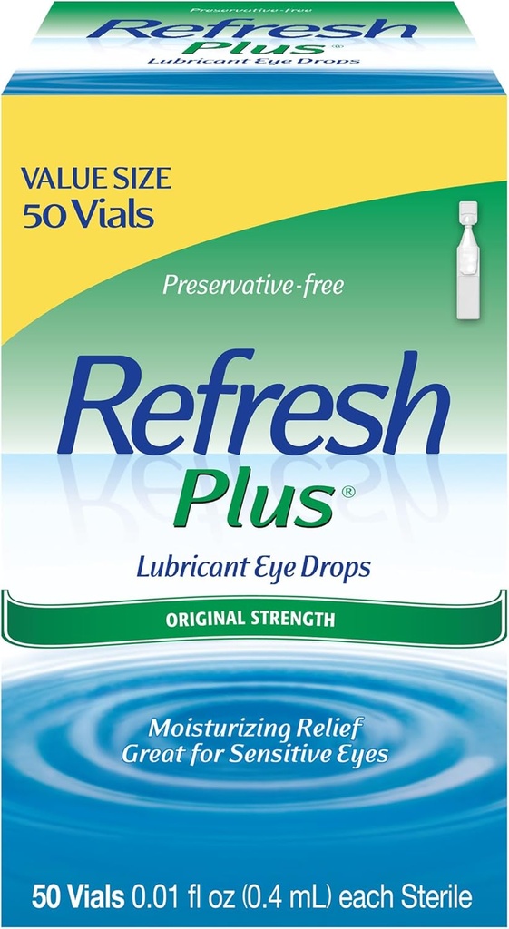 Refresh Plus Lubricant Eye Drops, Preservative-Free, 0.01 Fl Oz Single-Use Containers, 50 Count, Packaging May Vary