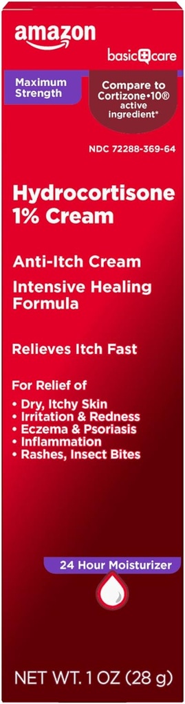 Amazon Basic Care Maximum Strength Anti-Itch Cream, Hydrocortisone 1 Percent Intensive Healing Formula, Itch Relief For Bug Bites, Eczema, Psoriasis, Poison Ivy, Oak and Sumac, 1 ounce (Pack of 1)