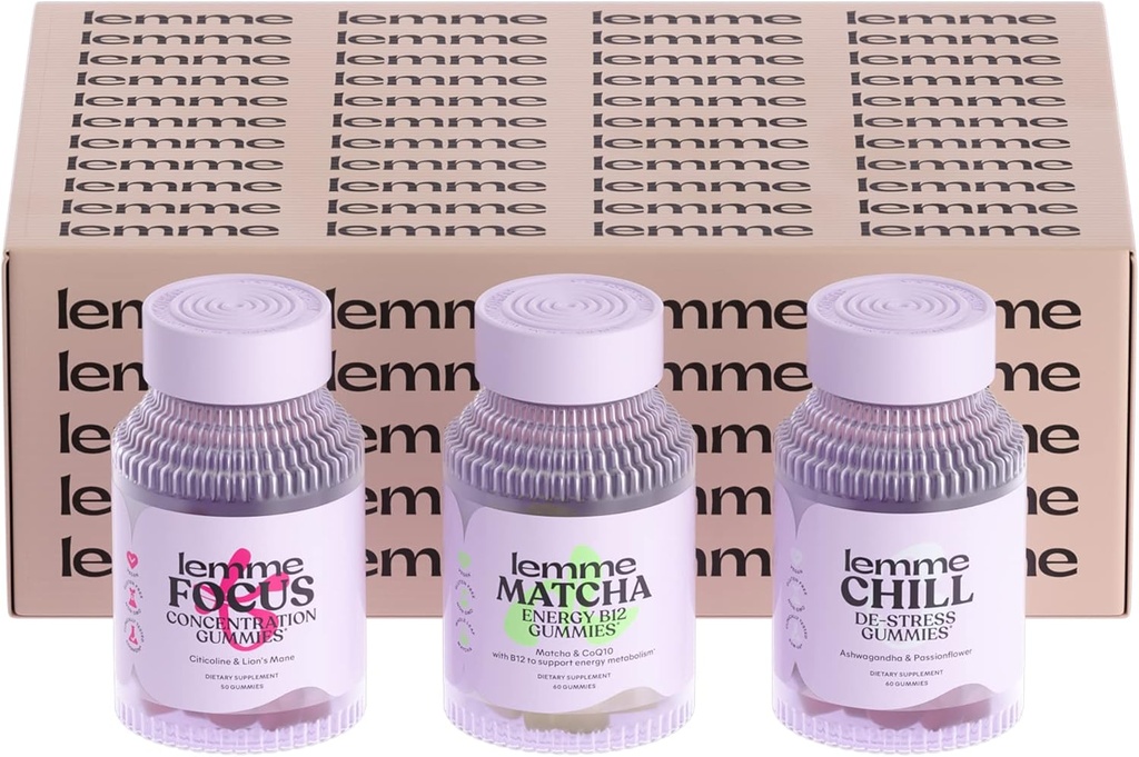 Lemme Essentials Bundle (Gift Box) - Matcha, Chill and Focus Gummies to Support Energy Metabolism, Relaxation and Concentration - Gluten Free, Non GMO, Gelatin Free (Variety Pack of 3)
