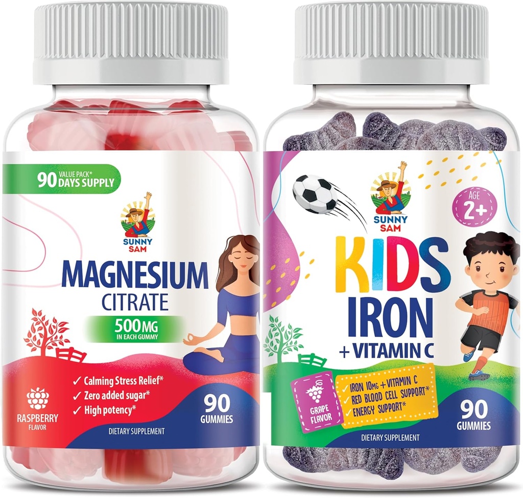 SUNNY SAM Iron Gummies for Kids & Adults & Magnesium Gummies for Adults - 500mg - Calm Magnesium Chews - Magnesium Citrate Chewable Supplement for Mood & Muscle Support. Iron Vitamins with Vitamin C.