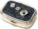 9338 Rectangular Small Pill Box Organizer Black Silver Poker & Dice Women Travel Pill Case Purse Pocket Container Daily Portable Medicine Vitamin Box Medication Supplement Mini Storage