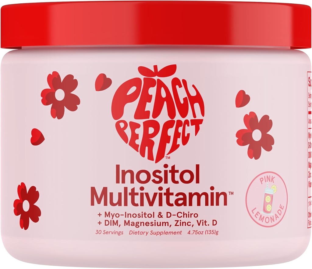 Peach Perfect Inositol Powder Multivitamin, Pink Lemonade Flavor – 4g Myo & D-Chiro Inositol, DIM, Zinc, Magnesium Glycinate, Vitamin D3 – Supports Women’s Health, Cycle, Energy, 30 SVG